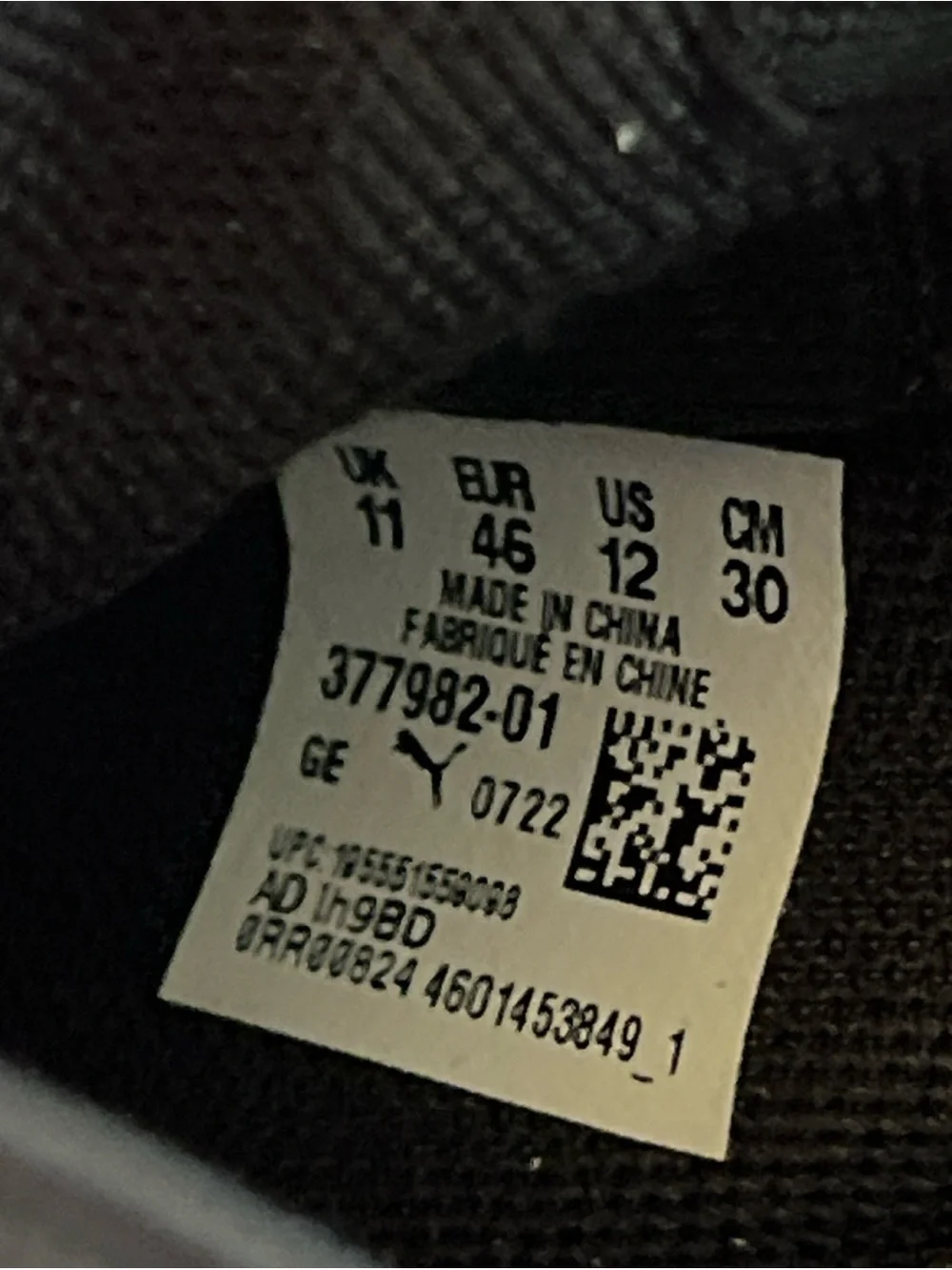 Puma Black and Gray Sneaker Interior Label Detail
